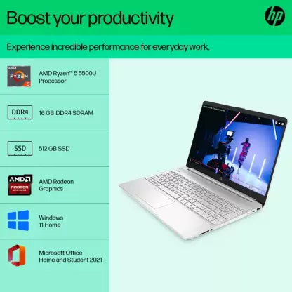 HP 15s AMD Ryzen 5 Hexa Core 5500U - (16 GB/512 GB SSD/Windows 11 Home) 15s-eq2132au Thin and Light Laptop  (15.6 inch, Natural Silver, 1.69 Kg, With MS Office)