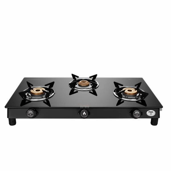 Preethi Bluflame Sparkle Power Duo 3 Burner Glass top Gas Stove with Power Burner and Swirl flame technology