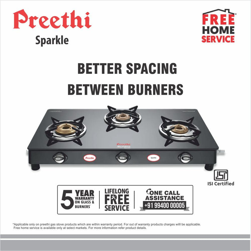 Preethi Blu Flame Sparkle Glass top 3 Burner Gas Stove, Manual Ignition, GTS 104
