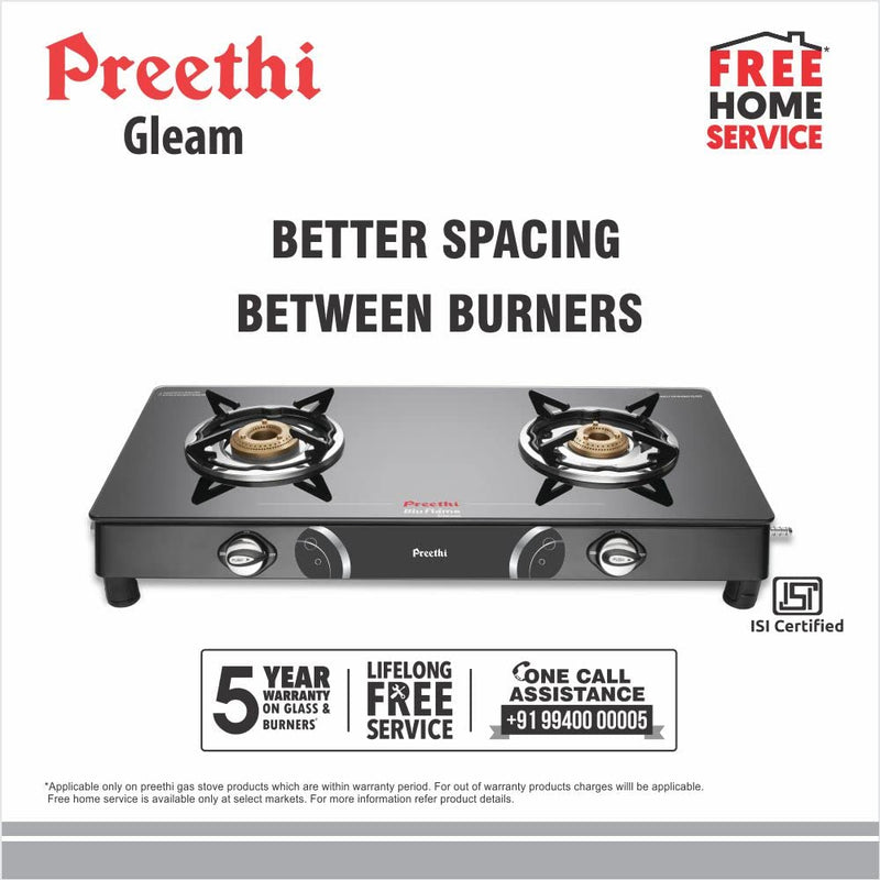Preethi Blu Flame Gleam Glass Top 2-Burner Manual Gas Stove (Black), GTS102