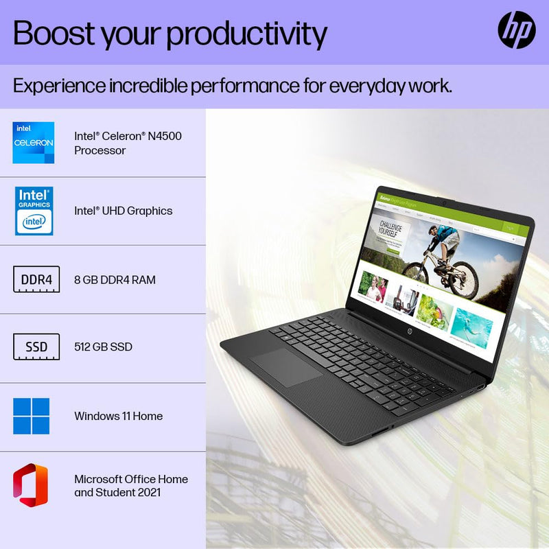 HP Laptop 15, Intel Celeron N4500, 15.6-inch (39.6 cm) HD, Micro-Edge, 8GB DDR4, 512GB SSD, Intel UHD Graphics, Dual Speakers, (Win 11, MSO 2021, Jet Black, 1.69 kg), 15s-fq3066TU