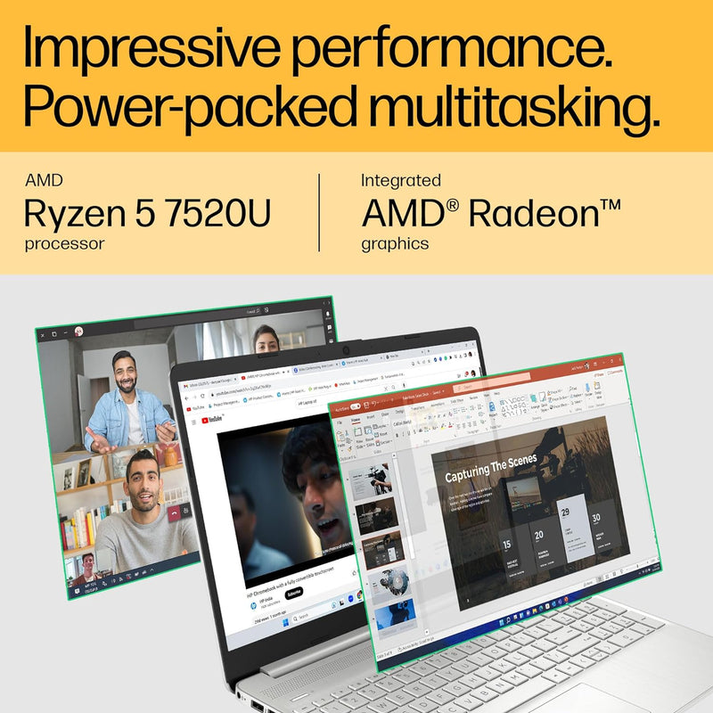 HP Laptop 15, AMD Ryzen 5 7520U, 15.6-inch (39.6 cm), FHD, 16GB LPDDR5, 512GB SSD, AMD Radeon Graphics, FHD Camera w/Privacy Shutter, Backlit KB (Win 11, MSO 2021, Silver, 1.59 kg), fc0030AU