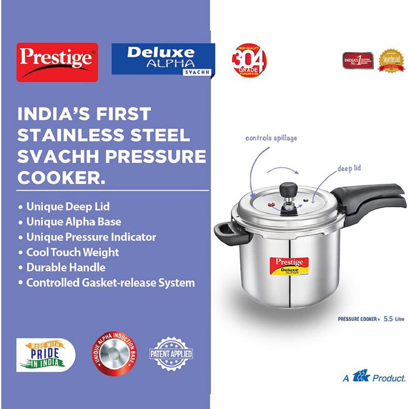Prestige Svachh Deluxe Alpha 5.5 Litre Stainless Steel Outer Lid Pressure Cooker