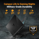 A black gaming laptop is shown at an angle on a dark textured background with promotional text reading 'Campus Life to Gaming Nights' and 'Military-Grade Durability,' plus test icons for drop, shake, heat, cold, and humidity, and a military-grade badge.