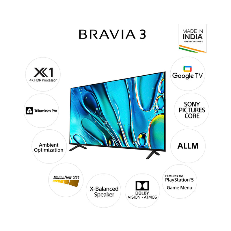 Sony 108 cm (43) BRAVIA 3 4K Ultra HD Smart LED Google TV K-43S30 (Black) | K-43S30 IN5