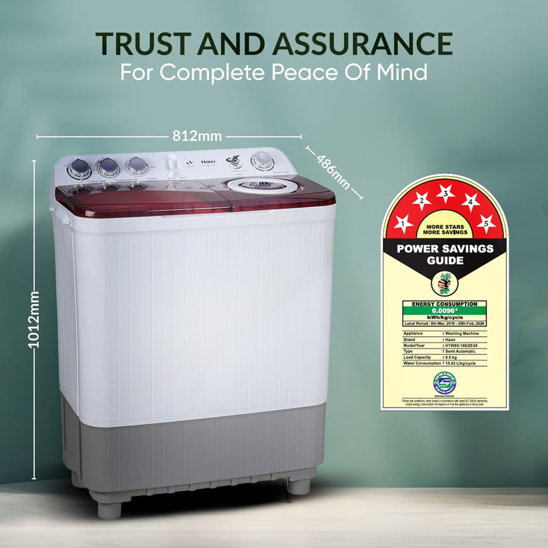 Haier 8.5 Kg 5 Star Oxyi Dry Technology Semi Automatic Top Loading Washing Machine (HTW85-186BBK)