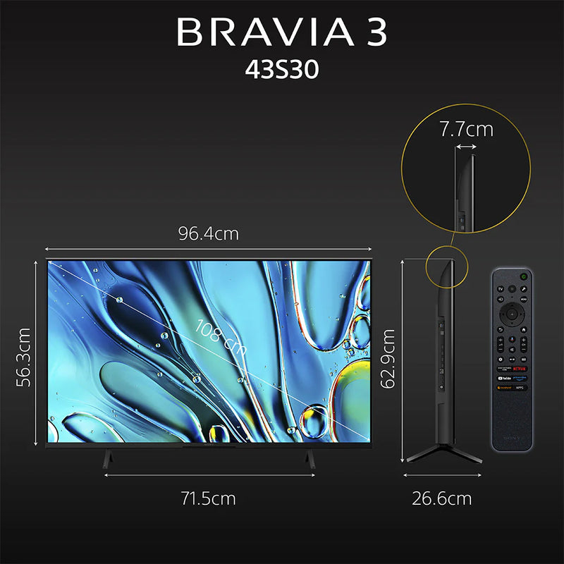 Sony 108 cm (43) BRAVIA 3 4K Ultra HD Smart LED Google TV K-43S30 (Black) | K-43S30 IN5