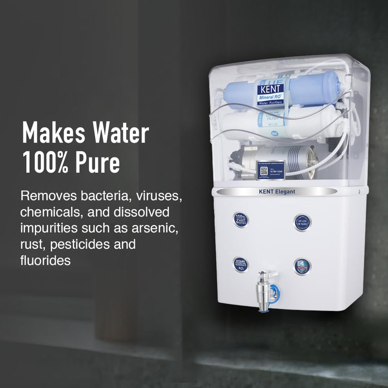KENT Elegant RO Water Purifier | RO + UF + TDS Control + UV LED Tank | 8L Tank | 15 LPH Flow