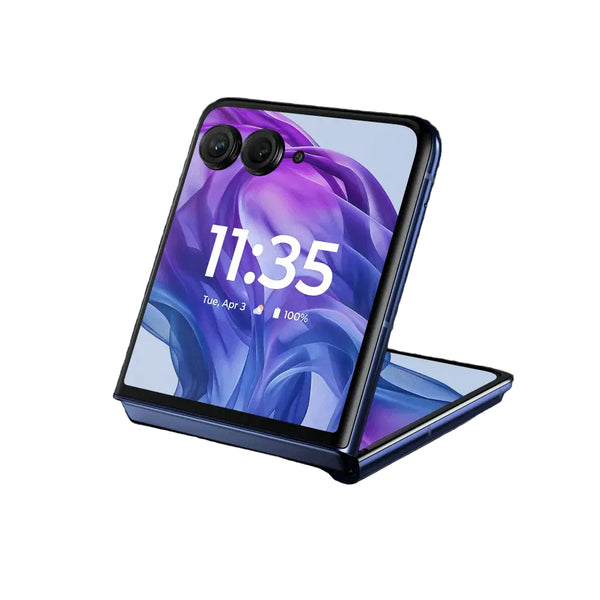Foldable smartphone with a purple and blue gradient display on a white background