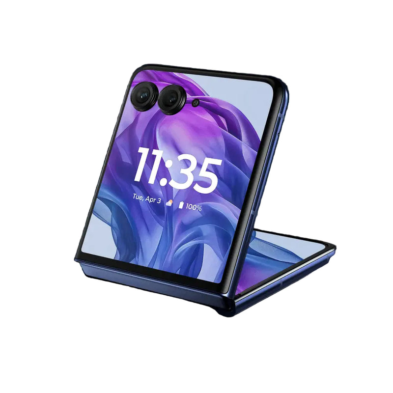 Foldable smartphone with a purple and blue gradient display on a white background