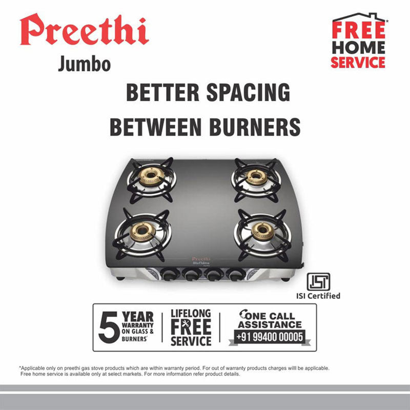Preethi Bluflame Jumbo 4Burner Gas Stove Stainless Steel GTGS006 JUMBO