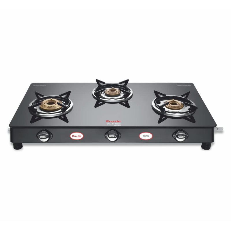 Preethi Blu Flame Sparkle Glass top 3 Burner Gas Stove, Manual Ignition, Black ( (ISI Certified), GTS 104