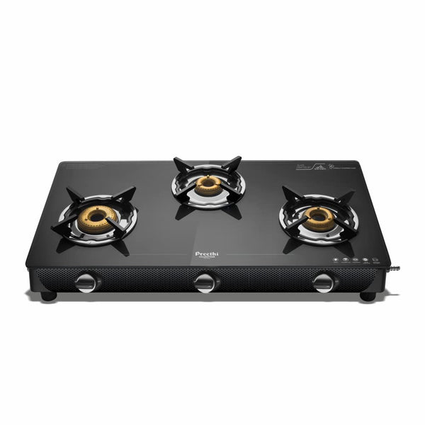Preethi Valentino Glass top 3 Burner Gas Stove, Manual Ignition, Black (ISI Approved with Life Time Brand Warranty)