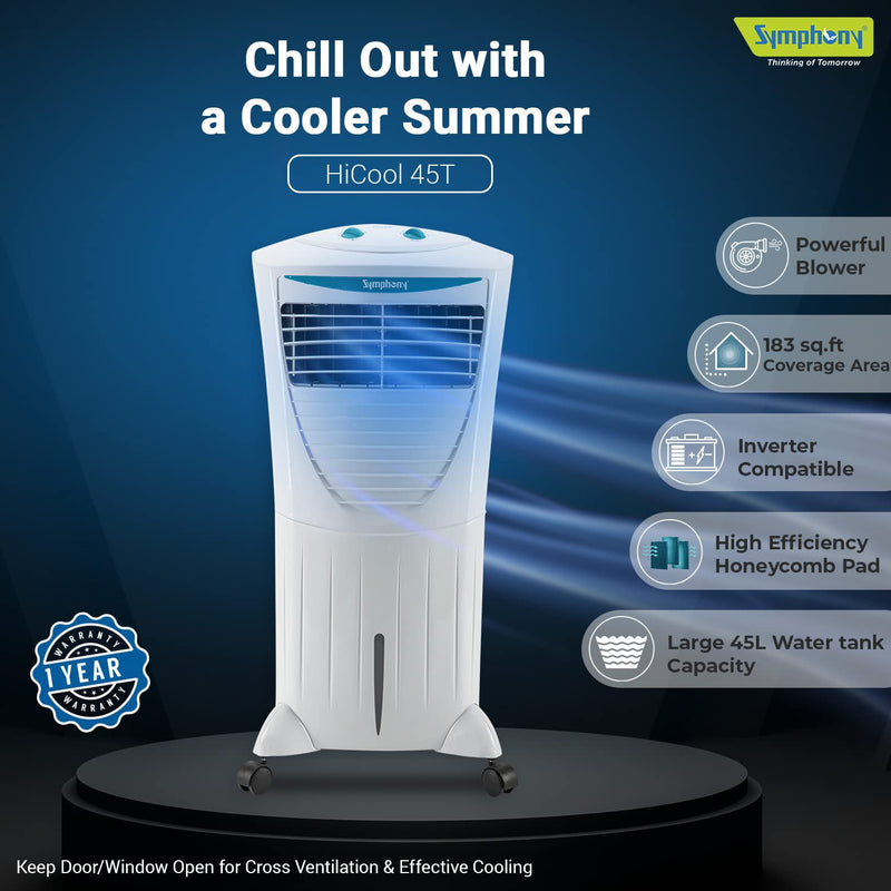 Symphony Hicool 45T Personal Air Cooler For Home with Honeycomb Pad, Powerful Blower, i-Pure Technology and Low Power Consumption ( HICOOL 45T , White)