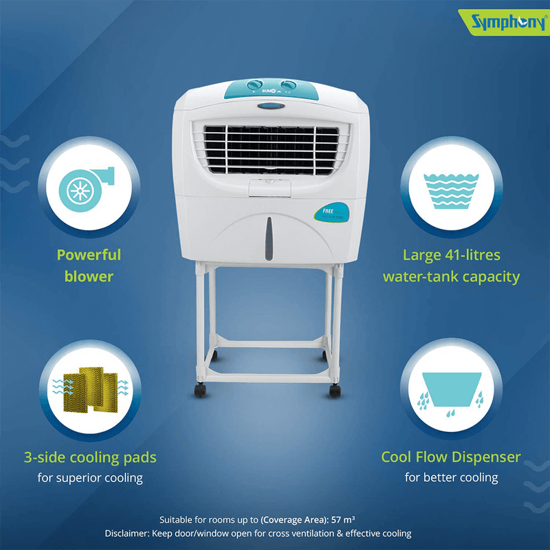 Symphony Sumo Jr. Portable Desert Air Cooler 45-litres with Trolley, Powerful Blower, 3-Side Cooling Pads, Automatic Vertical Swing & Low Power Consumption