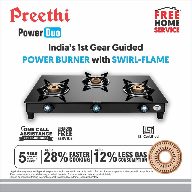Preethi Bluflame Sparkle Power Duo 3 Burner Glass top Gas Stove with Power Burner and Swirl flame technology, saves gas and cooks faster, Manual Ignition, Black
