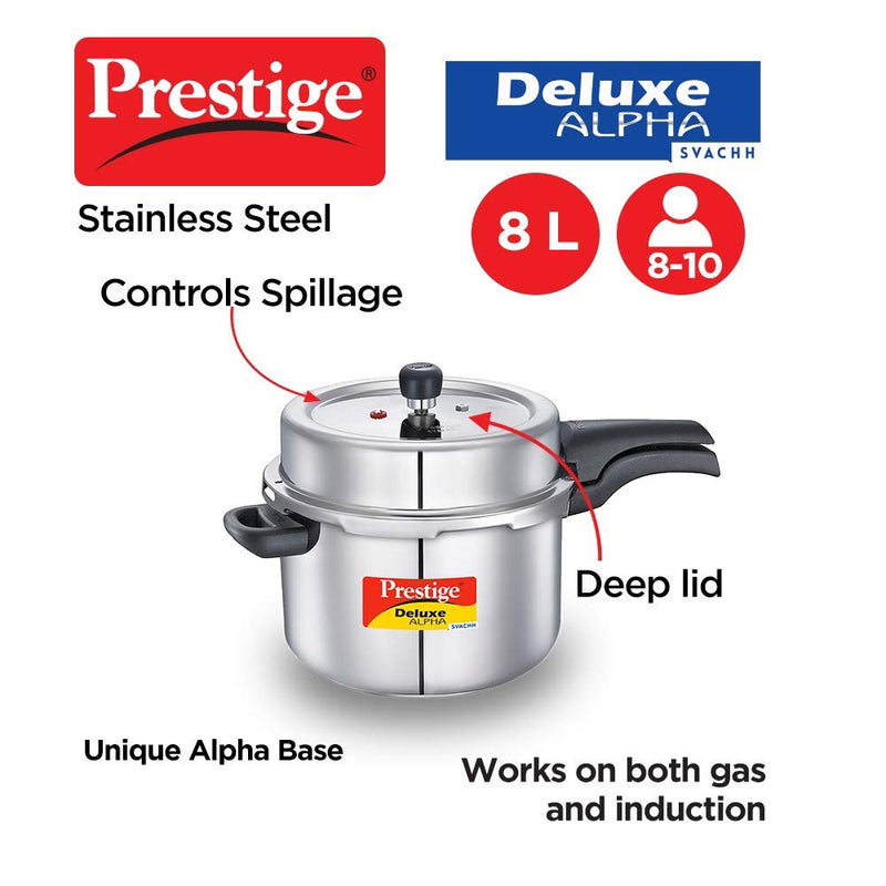 Prestige Svachh Deluxe Alpha 8 Litre Stainless Steel Outer Lid Pressure Cooker