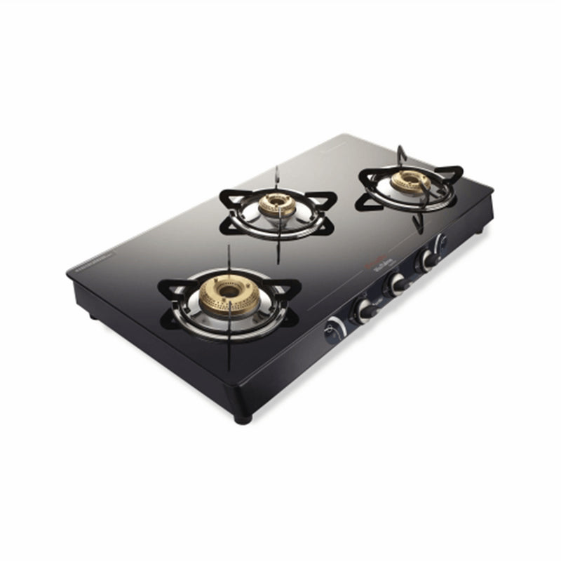 Preethi Blu Flame Sparkle Glass Top 3 Burner Gas Stove, Manual Ignition