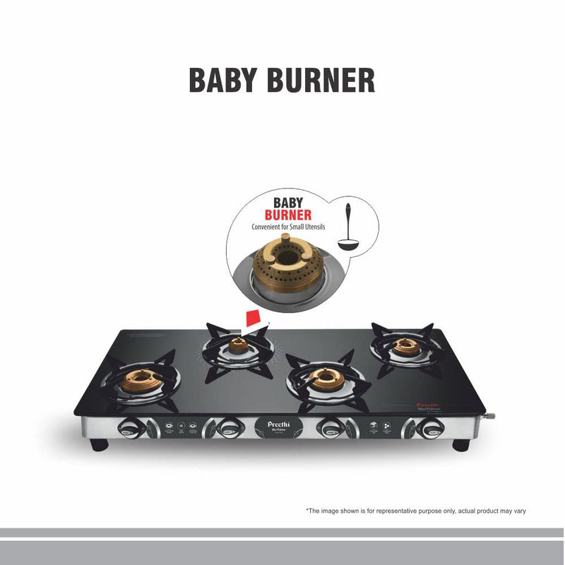 Preethi Blu-Flame Stainless Steel Jumbo Max Glass Top LPG Gas Stove with 4 Burner (Multicolour), Standard, GTS 118