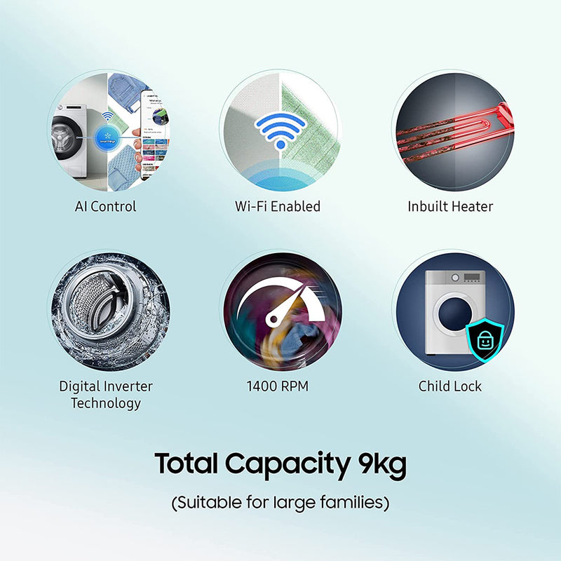 Samsung 9 Kg 5 Star Wi-Fi Inverter Fully-Automatic Front Loading Washing Machine (WW90T604DLN1-TL, Inox, In-Built Heater)