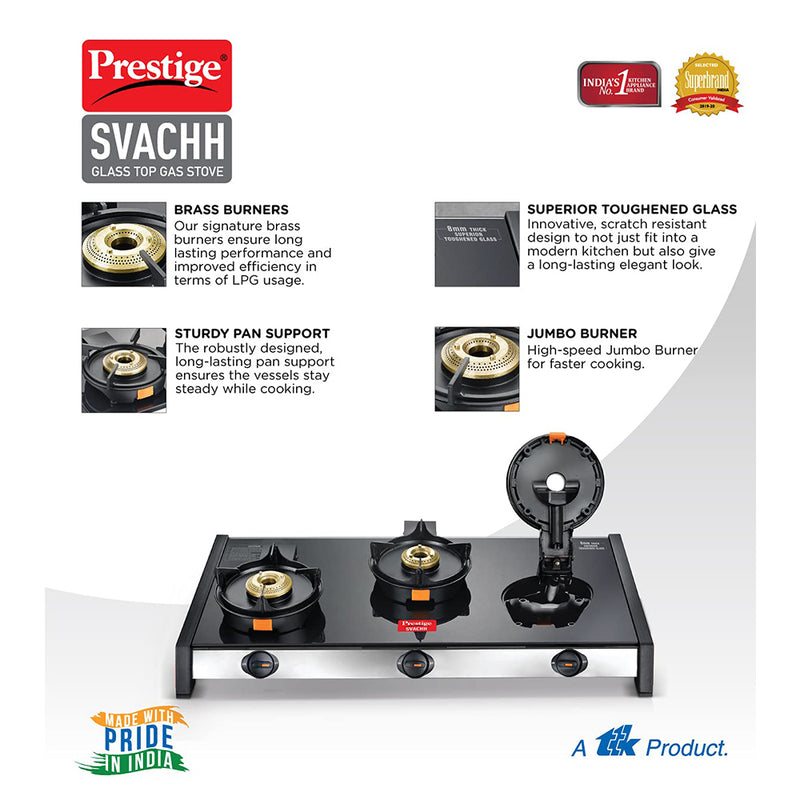 Prestige Svachh GTSV-03 Glass top LP Gas Table, 3 Burner, With Liftable Burner Set, Manual Ignition, Black