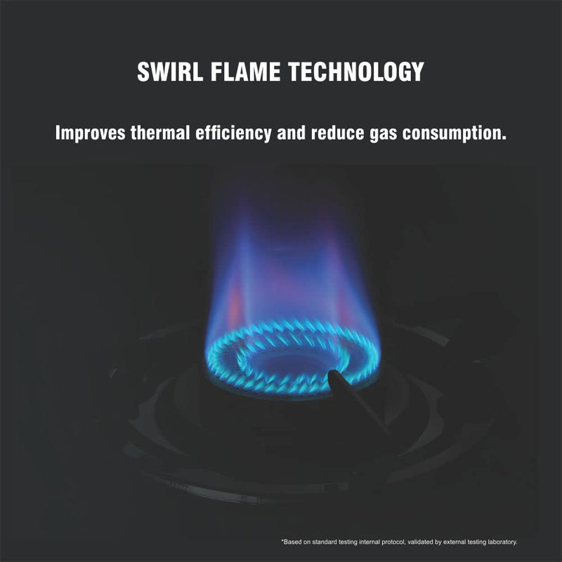 Preethi Bluflame Sparkle Power Duo 3 Burner Glass top Gas Stove with Power Burner and Swirl flame technology, saves gas and cooks faster, Manual Ignition, Black