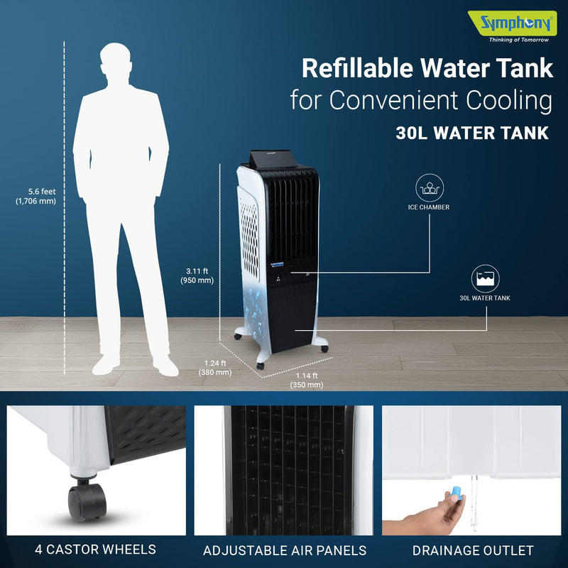 Symphony Diet 3D 30i Portable Tower Air Cooler with 3-Side Honeycomb Pads, Automatic Pop-Up Touchscreen, i-Pure Technology(30L, White & Black)