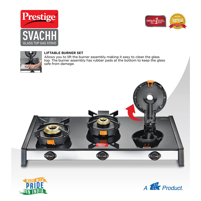Prestige Svachh GTSV-03 Glass top LP Gas Table, 3 Burner, With Liftable Burner Set, Manual Ignition, Black