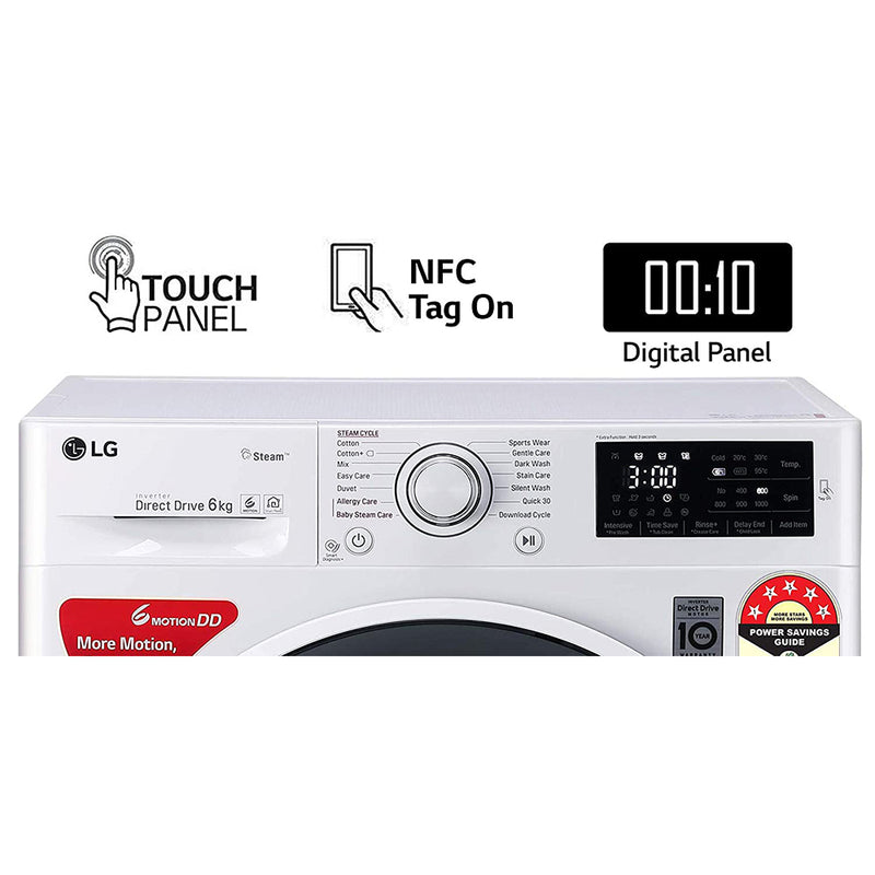 LG 6.0 Kg 5 Star Inverter Fully-Automatic Front Loading Washing Machine (FHT1006ZNW, White, 6 Motion Direct Drive)