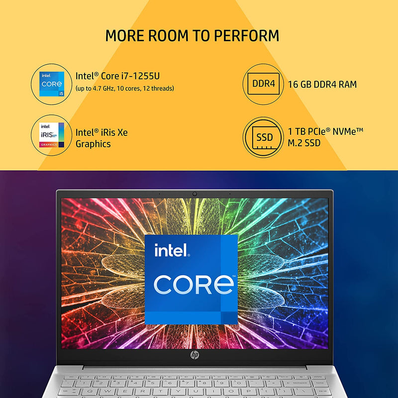 HP Pavilion 14 12th Gen Intel Core i7 16GB SDRAM, 1TB SSD 14 inch (35.6cm) FHD, IPS, Micro-Edge Display, Intel Iris Xe Graphics, B&O, Win 11, Alexa Built-in, Backlit KB, FPR, MSO 2021, Natural Silver (HP 14-DV2015TU-I7 WIN 11)