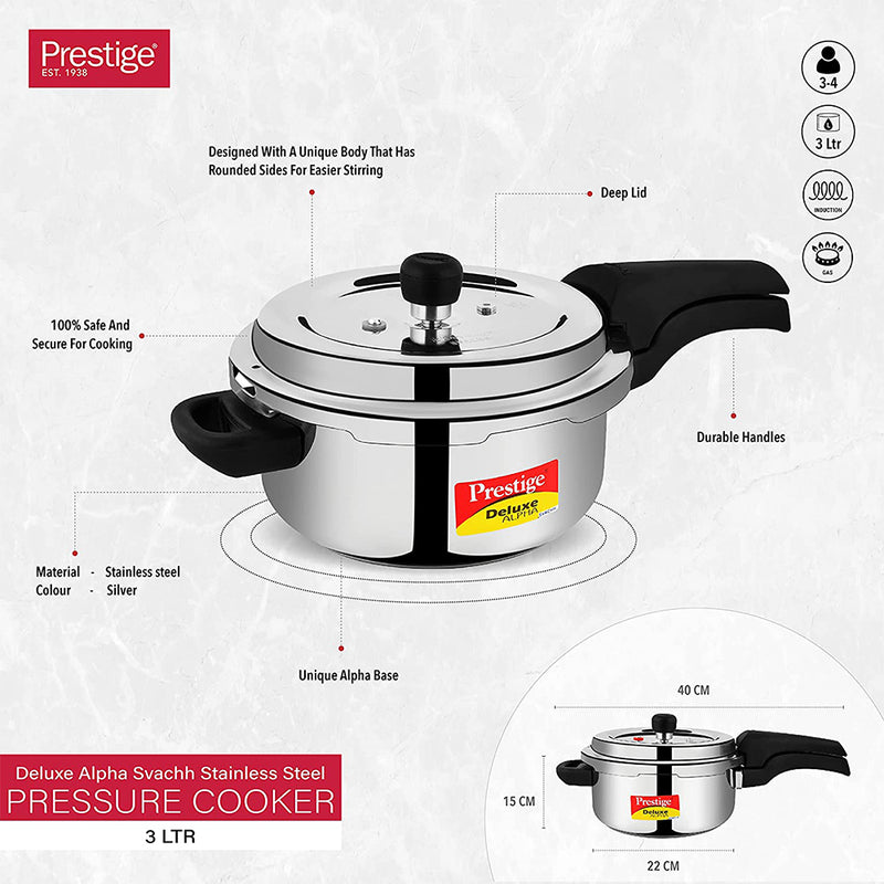 Prestige Deluxe Alpha Svachh Stainless Steel Spillage Control Pressure Cooker, 3 L (Silver)