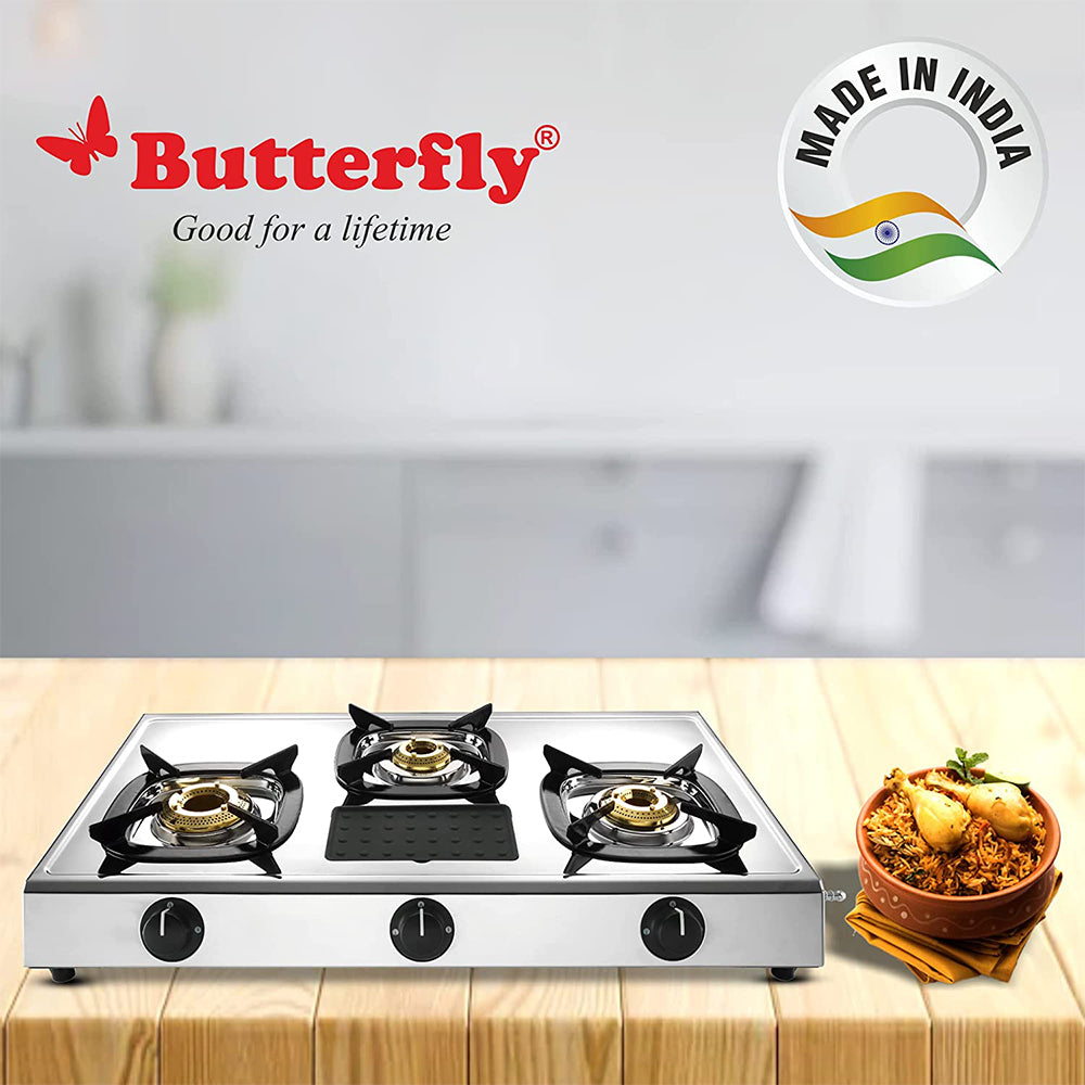 Butterfly Matchless Stainless Steel 3 Burner LPG Gas Stove Manual Ign