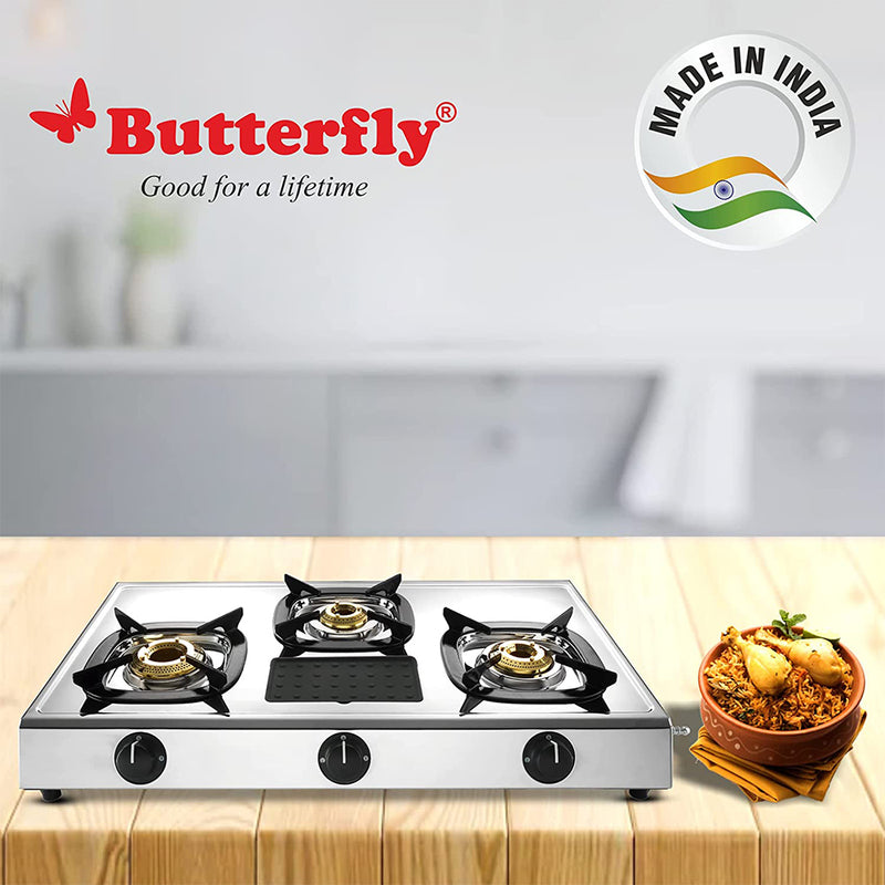 Butterfly Matchless Stainless Steel 3 Burner LPG Gas Stove, Manual Ignition
