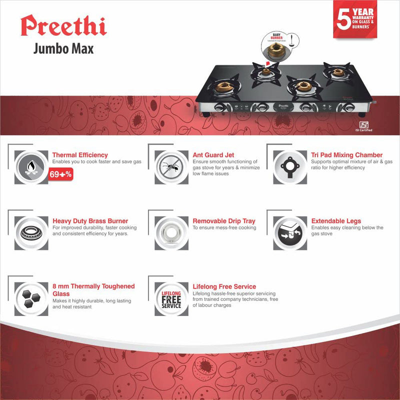 Preethi Blu-Flame Stainless Steel Jumbo Max Glass Top LPG Gas Stove with 4 Burner (Multicolour), Standard, GTS 118