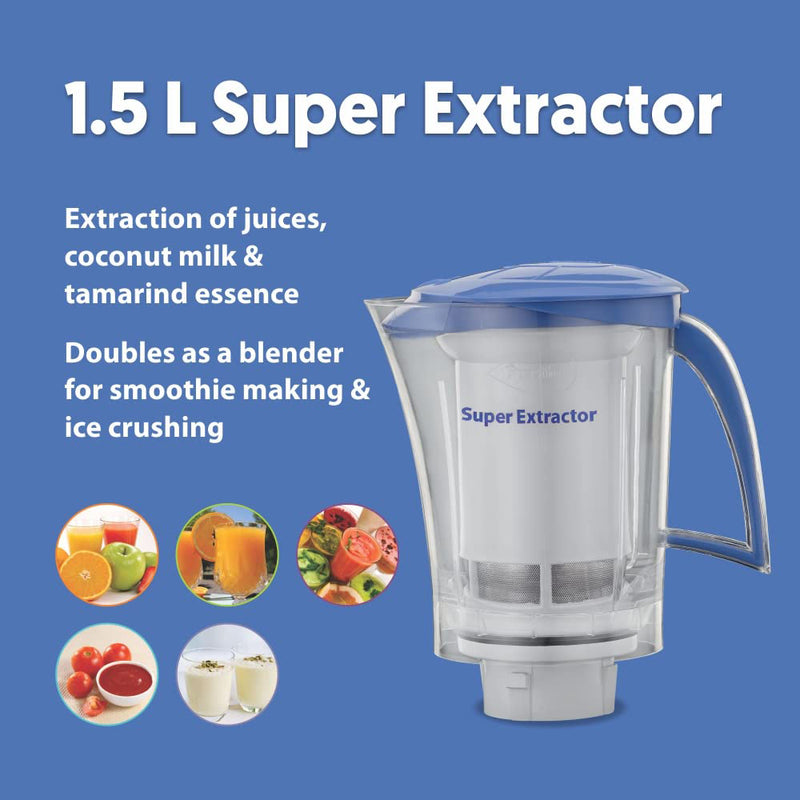 Preethi Blue Leaf Platinum MG 139 mixer grinder, 750 watt, White, 4 jars - Super Extractor juicer