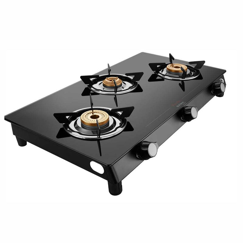 Preethi Bluflame Sparkle Power Duo 3 Burner Glass top Gas Stove with Power Burner and Swirl flame technology, saves gas and cooks faster, Manual Ignition, Black